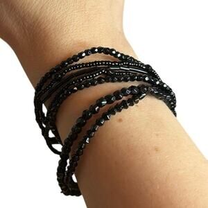 Black Multi Strand Stretch Bracelet Goth Boho Layered Beaded Stack